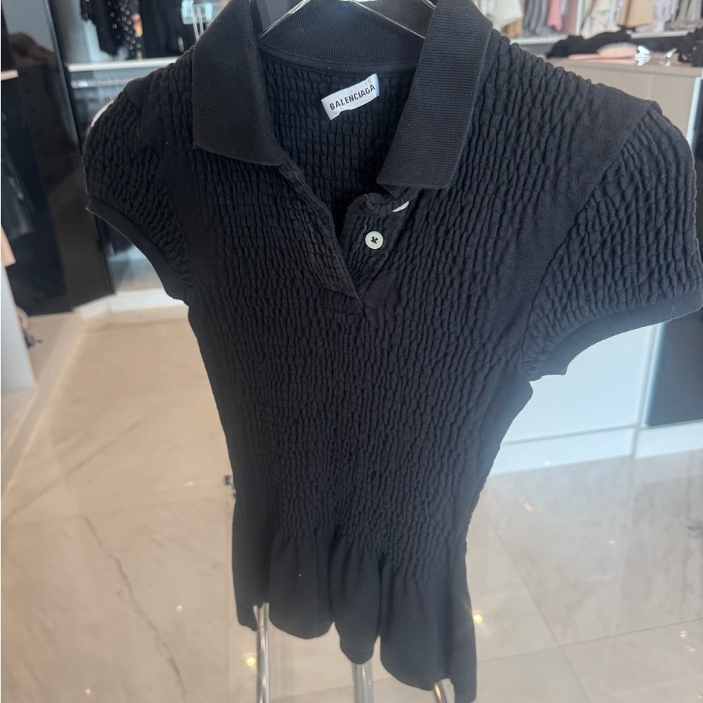 Balenciaga Black Ribbed Cap Sleeve Polo Shirt